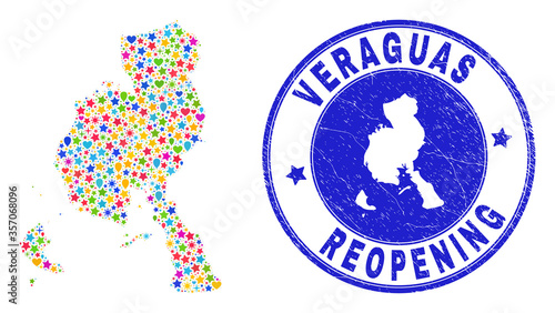 Celebrating Veraguas Province map mosaic and reopening scratched stamp seal. Vector mosaic Veraguas Province map is constructed with random stars, hearts, balloons.
