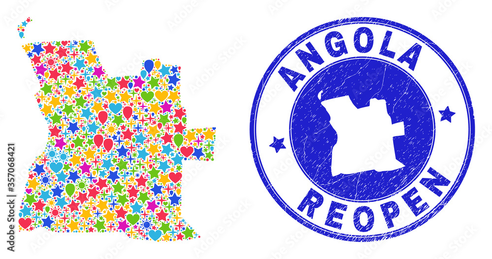 Celebrating Angola map collage and reopening textured seal. Vector collage Angola map is created of randomized stars, hearts, balloons. Rounded wry blue seal with scratched rubber texture. Celebrating Angola map collage and reopening textured seal. Vector collage Angola map is created of randomized stars, hearts, balloons. Rounded wry blue seal with scratched rubber texture.