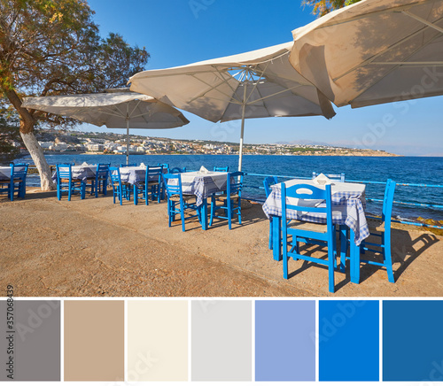 Color matching palette from image of empty Cretian restaurant with blue chairs and tables under parasols at the seaside of Rethymno