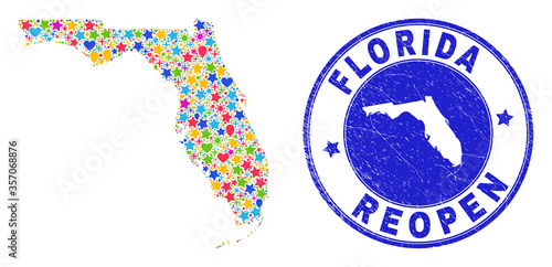 Celebrating Florida State map mosaic and reopening rubber watermark. Vector mosaic Florida State map is made of random stars, hearts, balloons.