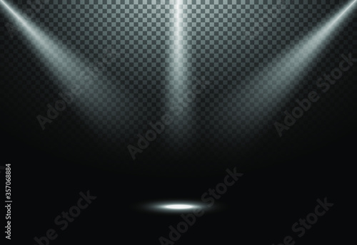 White spotlights. Light Effects. Realistic falling snowflakes. Vector illustration