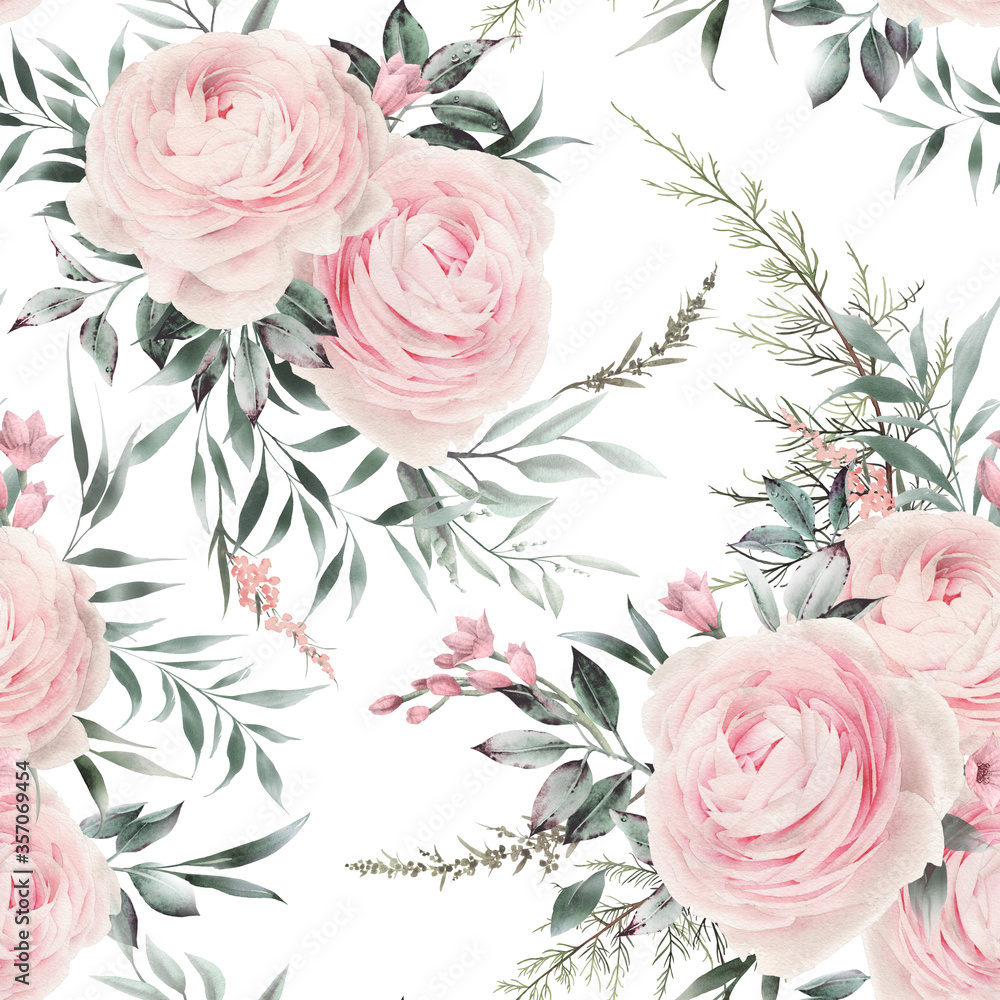 Seamless floral pattern with pink flowers on summer background, watercolor. Template design for textiles, interior, clothes, wallpaper. Botanical art