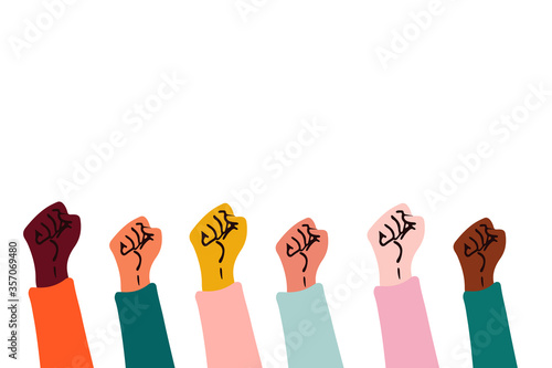 Protest raised arms fist with Fight for Your Rights caption. Different colors, different races and genders arms silhouettes on white background. Vector illustration. Demonstration, revolution concept