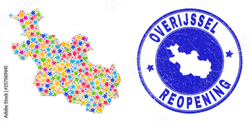 Celebrating Overijssel Province map collage and reopening grunge watermark. Vector collage Overijssel Province map is composed with scattered stars, hearts, balloons.