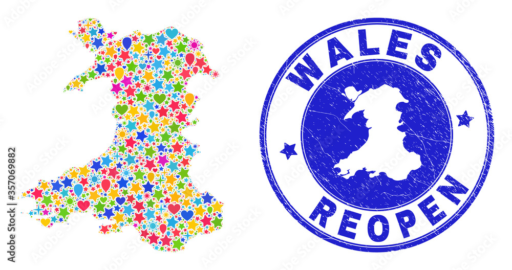 Celebrating Wales map mosaic and reopening rubber seal. Vector mosaic Wales map is made from scattered stars, hearts, balloons. Rounded crooked blue seal with corroded rubber texture. Celebrating Wales map mosaic and reopening rubber seal. Vector mosaic Wales map is made from scattered stars, hearts, balloons. Rounded crooked blue seal with corroded rubber texture.