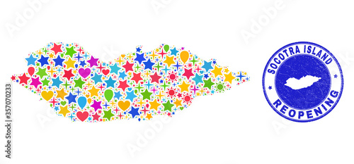 Celebrating Socotra Island map mosaic and reopening unclean seal. Vector mosaic Socotra Island map is formed of randomized stars, hearts, balloons.