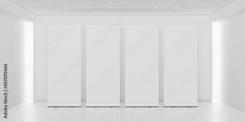 Blank Roll Up Banners Mockups in white modern room 3d render 3d illustration Blank Roll Up Banners Mockups in white modern room 3d render 3d illustration