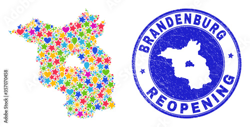 Celebrating Brandenburg Land map mosaic and reopening corroded stamp. Vector mosaic Brandenburg Land map is constructed with scattered stars, hearts, balloons.