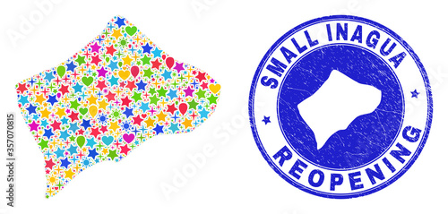 Celebrating Small Inagua Island map mosaic and reopening rubber stamp seal. Vector mosaic Small Inagua Island map is made with random stars, hearts, balloons.