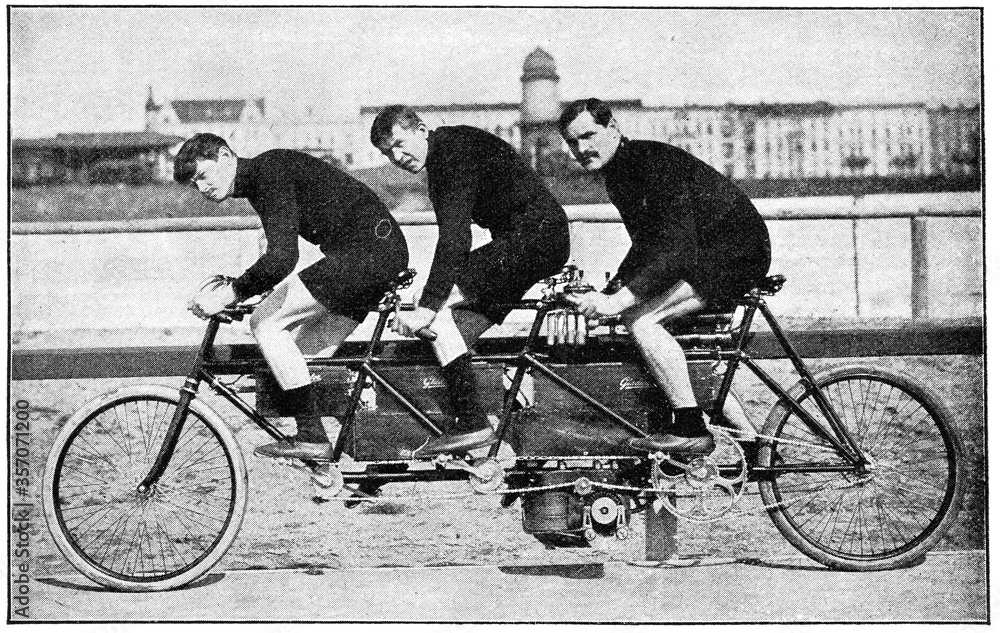 Motor Triplet Bicycle. Illustration of the 19th century. White background. - obrazy, fototapety, plakaty 