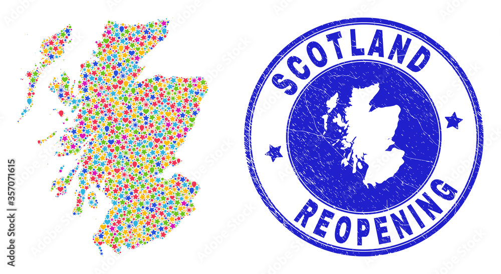 Celebrating Scotland map mosaic and reopening corroded seal. Vector mosaic Scotland map is made with randomized stars, hearts, balloons. Rounded rough blue seal with corroded rubber texture. Celebrating Scotland map mosaic and reopening corroded seal. Vector mosaic Scotland map is made with randomized stars, hearts, balloons. Rounded rough blue seal with corroded rubber texture.