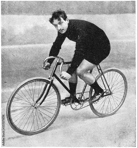 The winner of the Track cycling Grand Prix de Paris (1895, 1896, 1897) - Ludovic Morin. Illustration of the 19th century. White background. photo