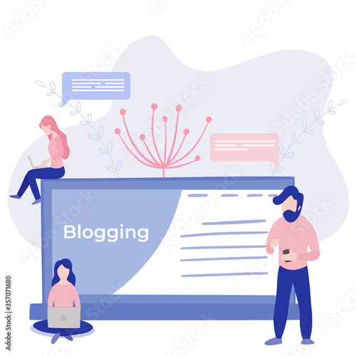 Video blogger, freelancer miniature people blogging a new content on website. Make review digital technology flat cartoon miniature illustration vector graphic on white background.