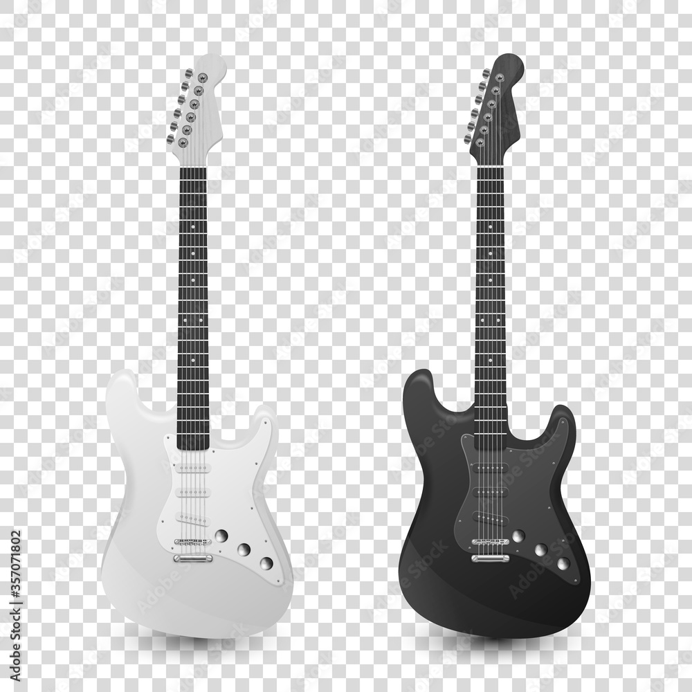 Obraz premium Vector 3d Realistic White and Black Classic Old Retro Electro Wooden Guitar Icon Set Closeup Isolated on Transparent Background. Design Templte, Mockup, Clipart. Musical Art Concept