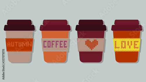 Set of coffee cups with related labels