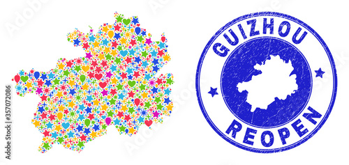 Celebrating Guizhou Province map mosaic and reopening unclean stamp. Vector mosaic Guizhou Province map is composed of random stars, hearts, balloons.