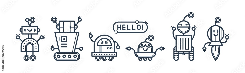 Set of cute vector robots in flat cartoon style. Vector isolated bots in a white background Set of cute vector robots in flat cartoon style. Vector isolated bots in a white background