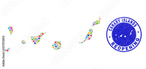 Celebrating Canary Islands map mosaic and reopening unclean seal. Vector mosaic Canary Islands map is designed of scattered stars, hearts, balloons. Rounded rough blue seal with grunge rubber texture.