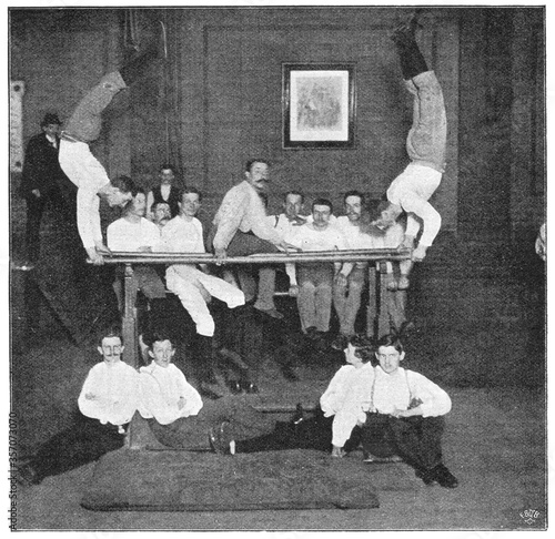 In the gym. Illustration of the 19th century. White background. photo