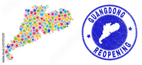 Celebrating Guangdong Province map mosaic and reopening grunge stamp. Vector mosaic Guangdong Province map is organized of random stars, hearts, balloons.