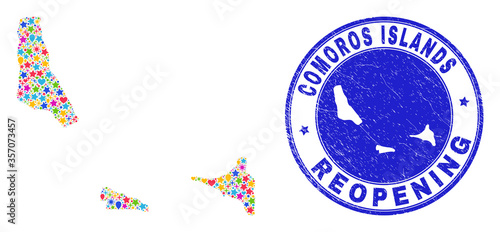 Celebrating Comoros Islands map mosaic and reopening rubber stamp. Vector mosaic Comoros Islands map is formed of random stars, hearts, balloons. Rounded wry blue seal with unclean rubber texture.