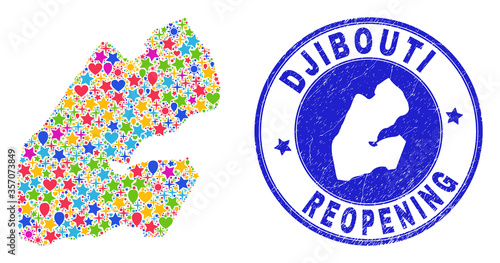 Celebrating Djibouti map collage and reopening corroded watermark. Vector collage Djibouti map is done of random stars, hearts, balloons. Rounded rough blue watermark with distress rubber texture.