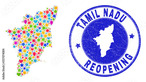 Celebrating Tamil Nadu State map collage and reopening unclean stamp seal. Vector collage Tamil Nadu State map is constructed with scattered stars, hearts, balloons.