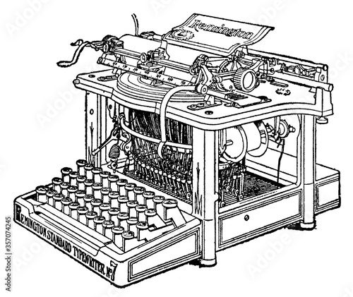 Typewriter Remington. Illustration of the 19th century. White background.