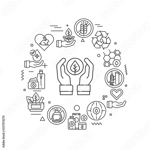Organic cosmetic web banner. Beauty industry. Infographics with linear icons on white background. Creative idea concept. Isolated outline black illustration.