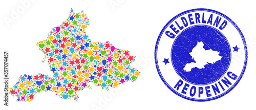 Celebrating Gelderland Province map mosaic and reopening corroded seal. Vector mosaic Gelderland Province map is constructed with random stars, hearts, balloons.
