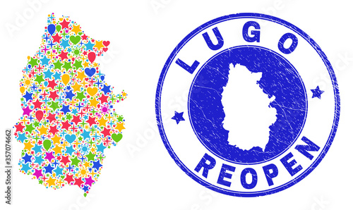 Celebrating Lugo Province map collage and reopening scratched stamp seal. Vector collage Lugo Province map is organized with randomized stars, hearts, balloons.