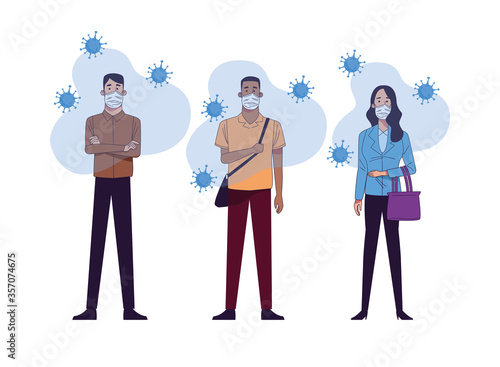 young interracial people wearing medical masks characters