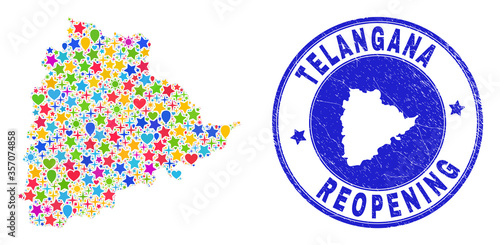 Celebrating Telangana State map mosaic and reopening rubber stamp seal. Vector mosaic Telangana State map is organized of randomized stars, hearts, balloons.