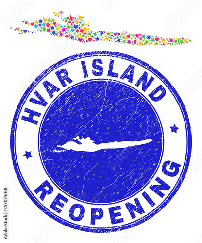 Celebrating Hvar Island map collage and reopening corroded watermark. Vector collage Hvar Island map is composed with randomized stars, hearts, balloons.