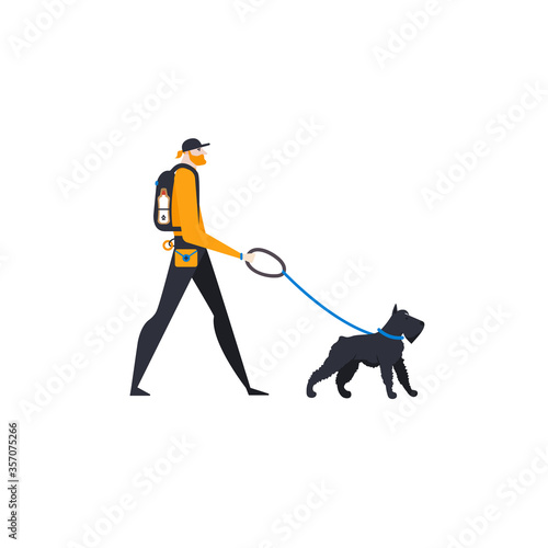 Сartoon style icons of mittelschnauzer and personal dog-walker. Cute boy with pet outdoors.
