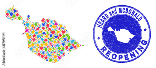 Celebrating Heard and McDonald Islands map mosaic and reopening dirty stamp seal. Vector mosaic Heard and McDonald Islands map is created of random stars, hearts, balloons.
