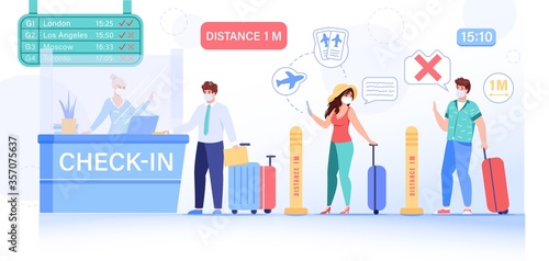 People safe social distance at airport check-in