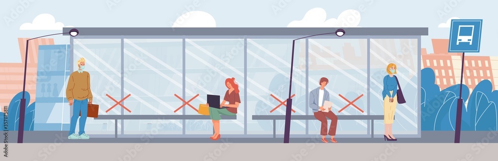Diverse people wearing respiratory medical mask keep social distance stand at bus stop. Man woman maintain distancing to avoid spreading COVID-19 illness flu infection risk. Contactless normal life Diverse people wearing respiratory medical mask keep social distance stand at bus stop. Man woman maintain distancing to avoid spreading COVID-19 illness flu infection risk. Contactless normal life