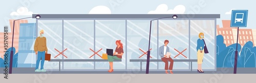 Diverse people wearing respiratory medical mask keep social distance stand at bus stop. Man woman maintain distancing to avoid spreading COVID-19 illness flu infection risk. Contactless normal life