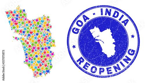 Celebrating Goa State map collage and reopening grunge stamp. Vector collage Goa State map is formed with random stars, hearts, balloons. Rounded awry blue stamp imprint with scratched rubber texture.