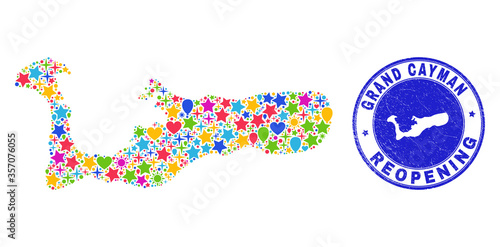 Celebrating Grand Cayman Island map mosaic and reopening unclean seal. Vector mosaic Grand Cayman Island map is formed from randomized stars, hearts, balloons.