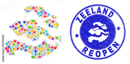 Celebrating Zeeland Province map collage and reopening corroded seal. Vector collage Zeeland Province map is constructed of randomized stars, hearts, balloons.