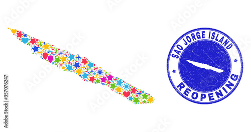 Celebrating Sao Jorge Island map collage and reopening grunge stamp seal. Vector collage Sao Jorge Island map is constructed of random stars, hearts, balloons.