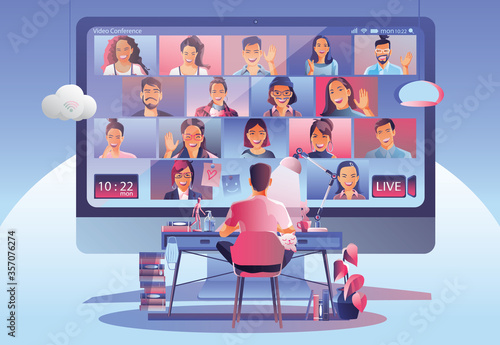 Video conference landing. People on computer screen taking with colleagues. Videoconferencing and online meeting workspace vector page man and woman. self-quarantine to prevent from COVID -19 vector 