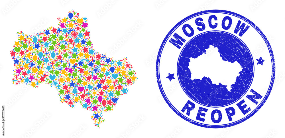 Celebrating Moscow Region map collage and reopening unclean stamp seal. Vector collage Moscow Region map is created with randomized stars, hearts, balloons.