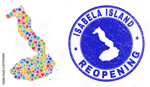 Celebrating Isabela Island of Galapagos map mosaic and reopening rubber seal. Vector mosaic Isabela Island of Galapagos map is designed with randomized stars, hearts, balloons.