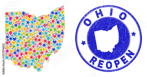 Celebrating Ohio State map mosaic and reopening scratched stamp. Vector collage Ohio State map is constructed with random stars, hearts, balloons.