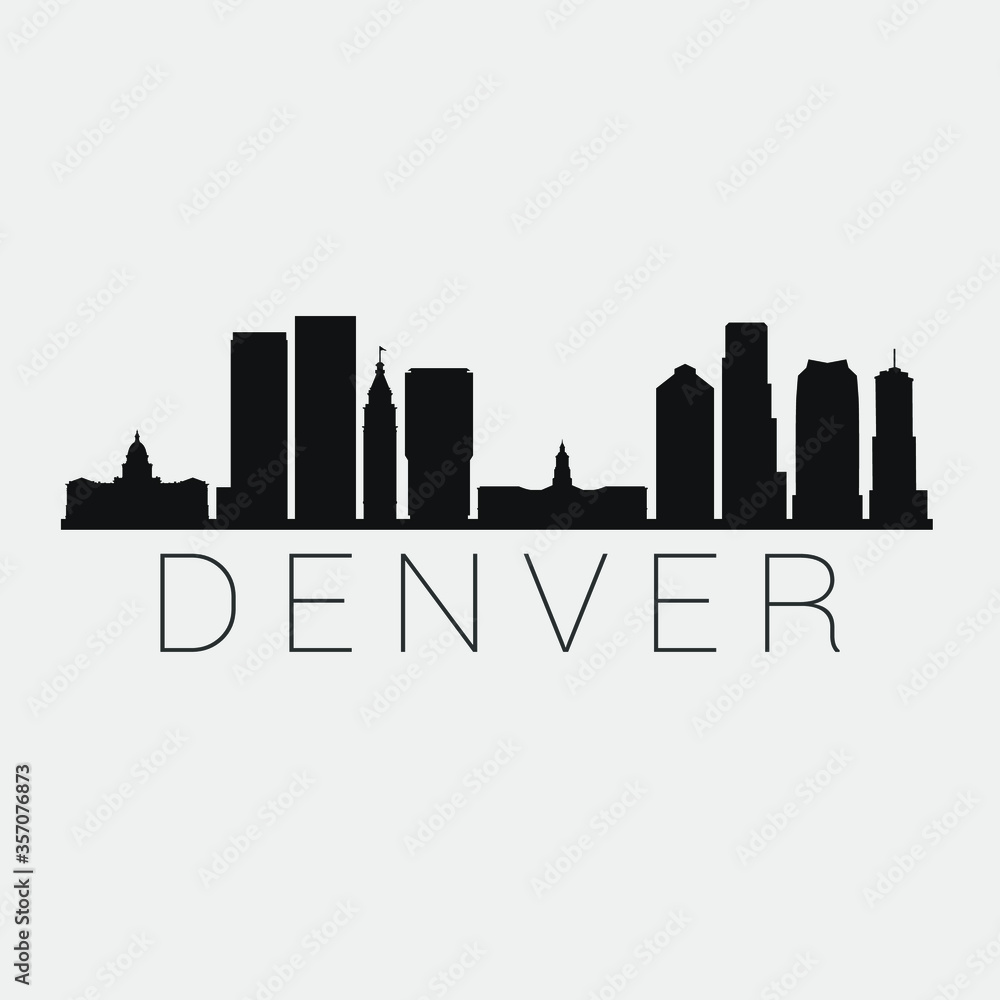 Denver Colorado City. The Skyline in Silhouette of City. Black Design Vector. The Famous and Tourist Monuments. The Buildings Tour in Landmark.