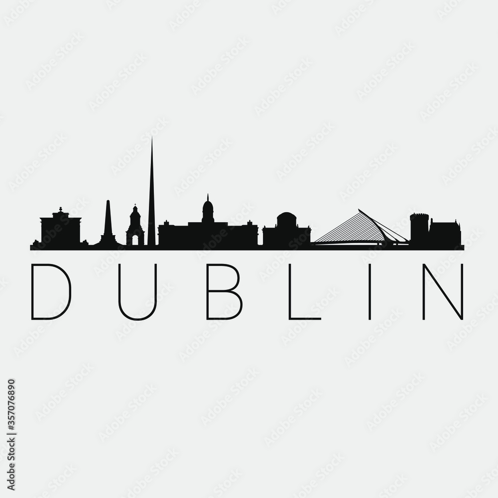 Fototapeta premium Dublin, Ireland. The Skyline in Silhouette of City. Black Design Vector. The Famous and Tourist Monuments. The Buildings Tour in Landmark.