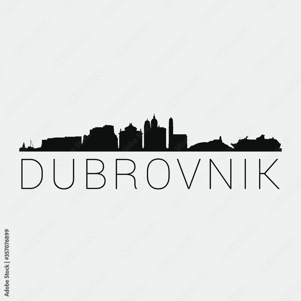 Dubrovnik Croatia. The Skyline in Silhouette of City. Black Design Vector. The Famous and Tourist Monuments. The Buildings Tour in Landmark.